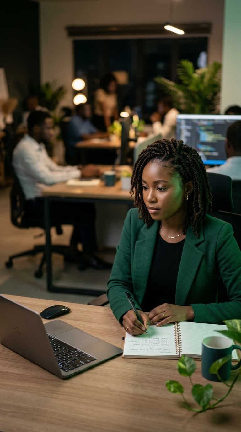 Nigerian content strategist working in a modern office