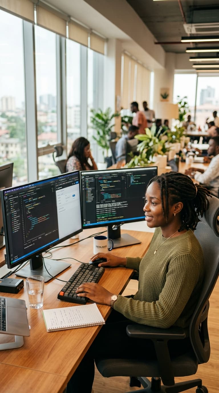Software developer working at a dual-monitor workstation
