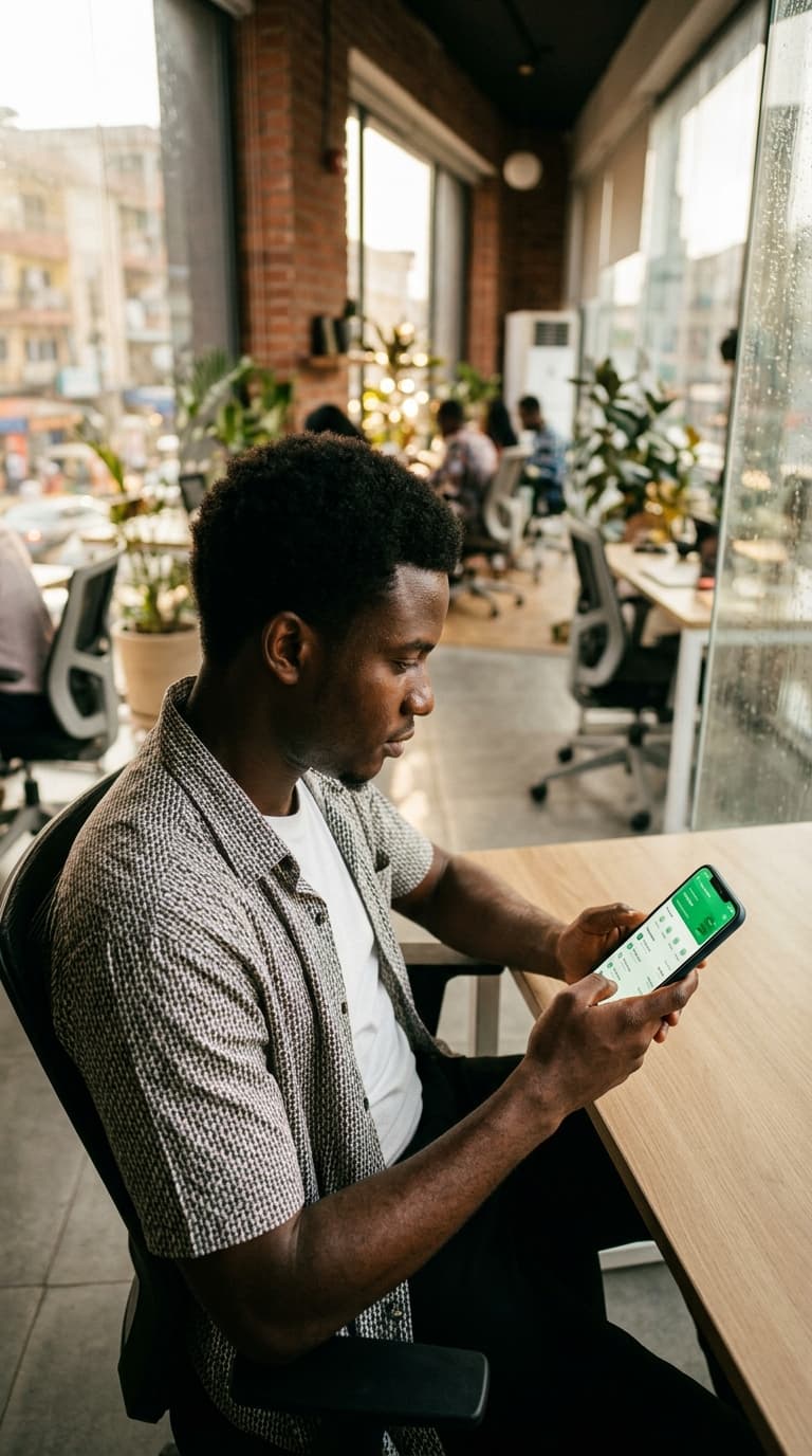 Nigerian man using a mobile app in a modern workspace