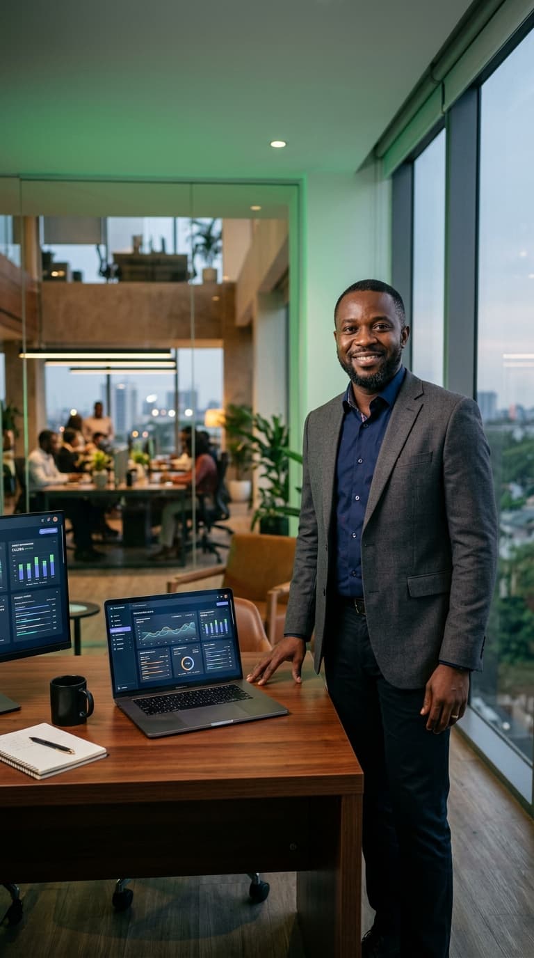 Nigerian business leader in a modern tech workspace