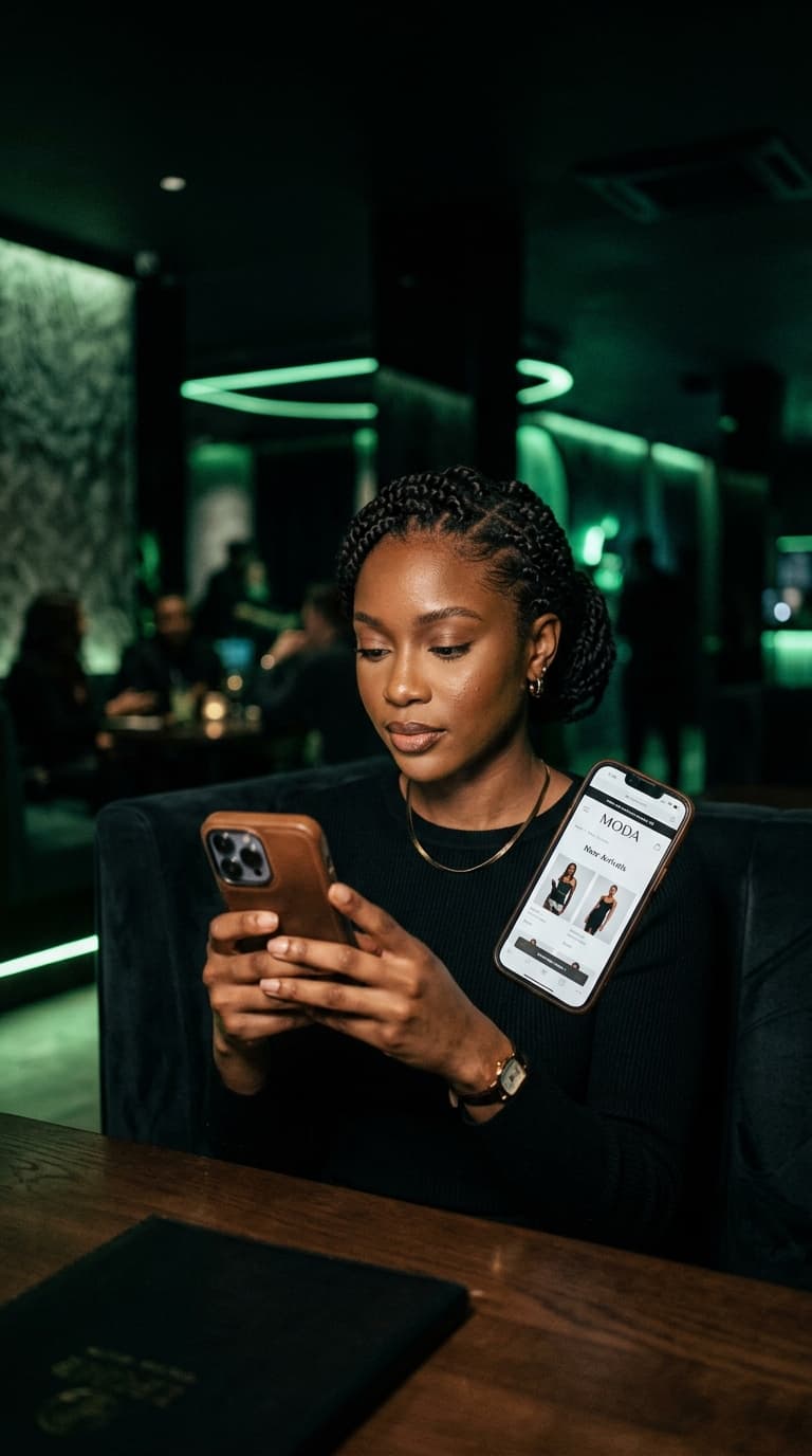 Nigerian woman shopping online on her phone