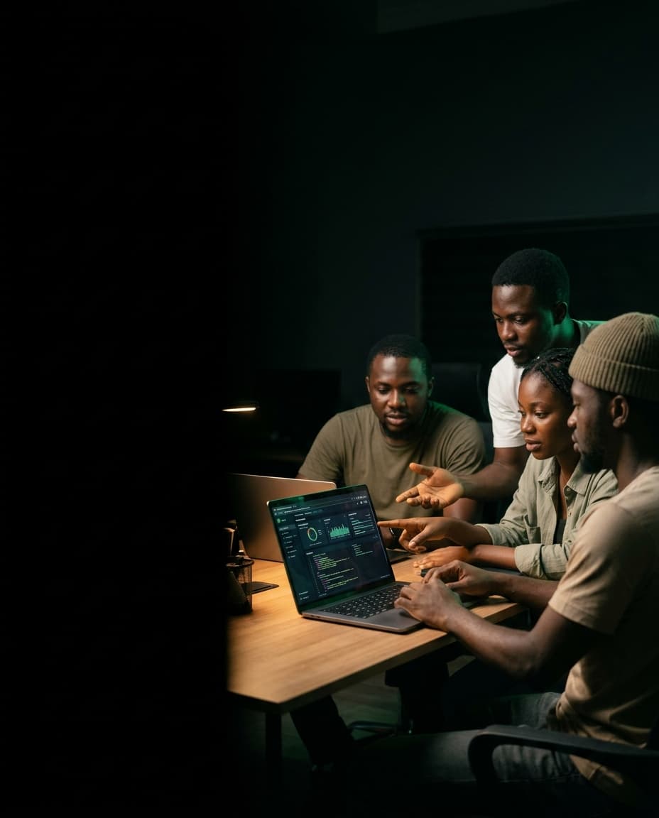 Team Darphiz reviewing software around a laptop in a dark office
