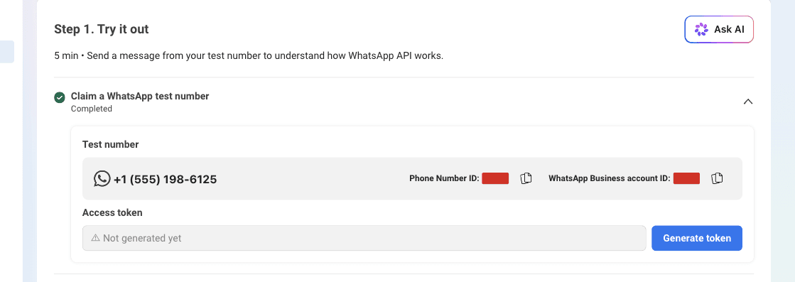 App Dashboard test number panel with Generate token button, IDs redacted