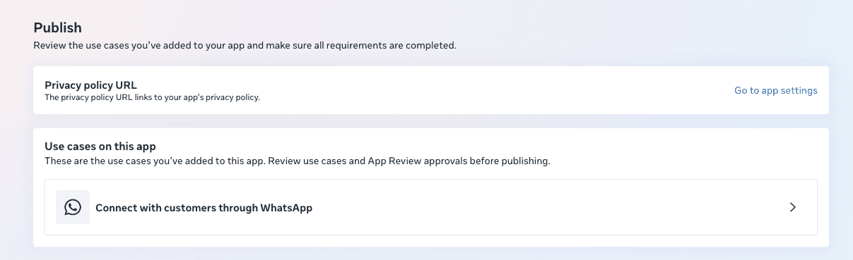 App publish requirements with the WhatsApp use case