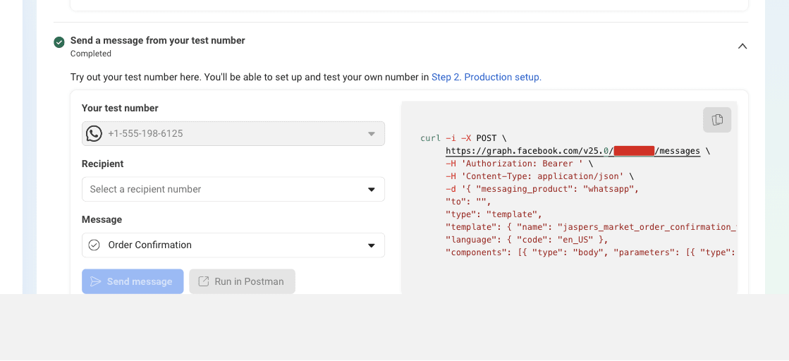 Send message test panel with curl snippet, phone number ID redacted