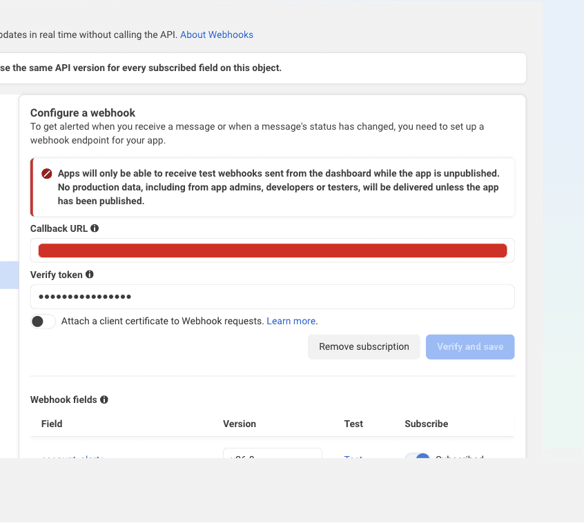 Webhook configuration for the WhatsApp Business Account