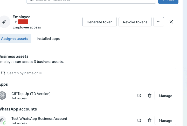 System user assigned assets showing WhatsApp accounts, ID redacted