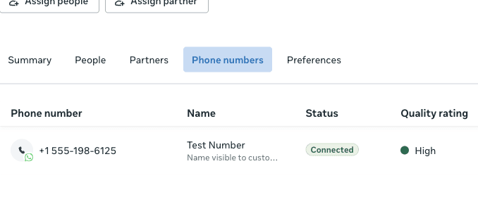 Test number connected in the phone numbers table