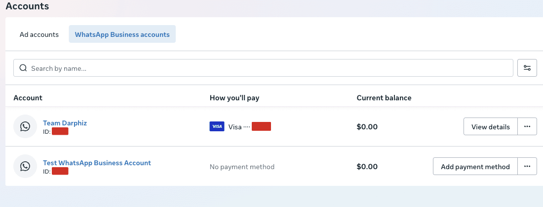 Billing hub showing a card on one account and none on the test account
