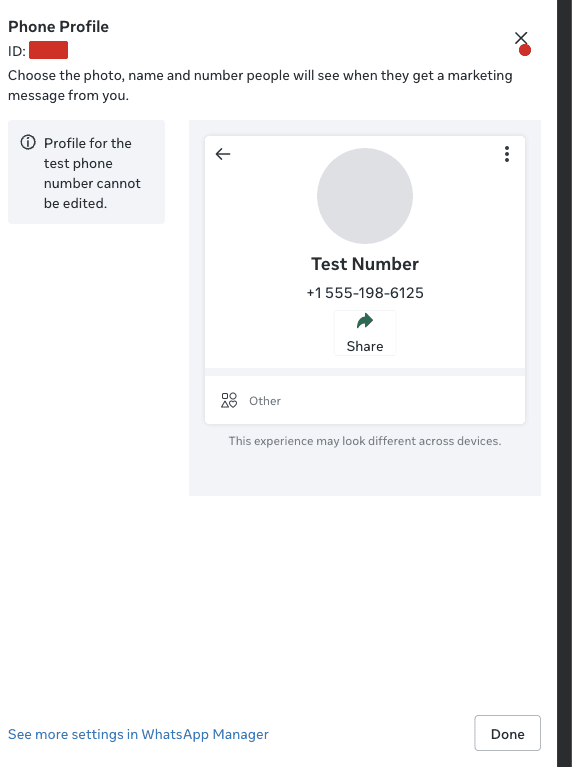 Phone profile panel for the test number