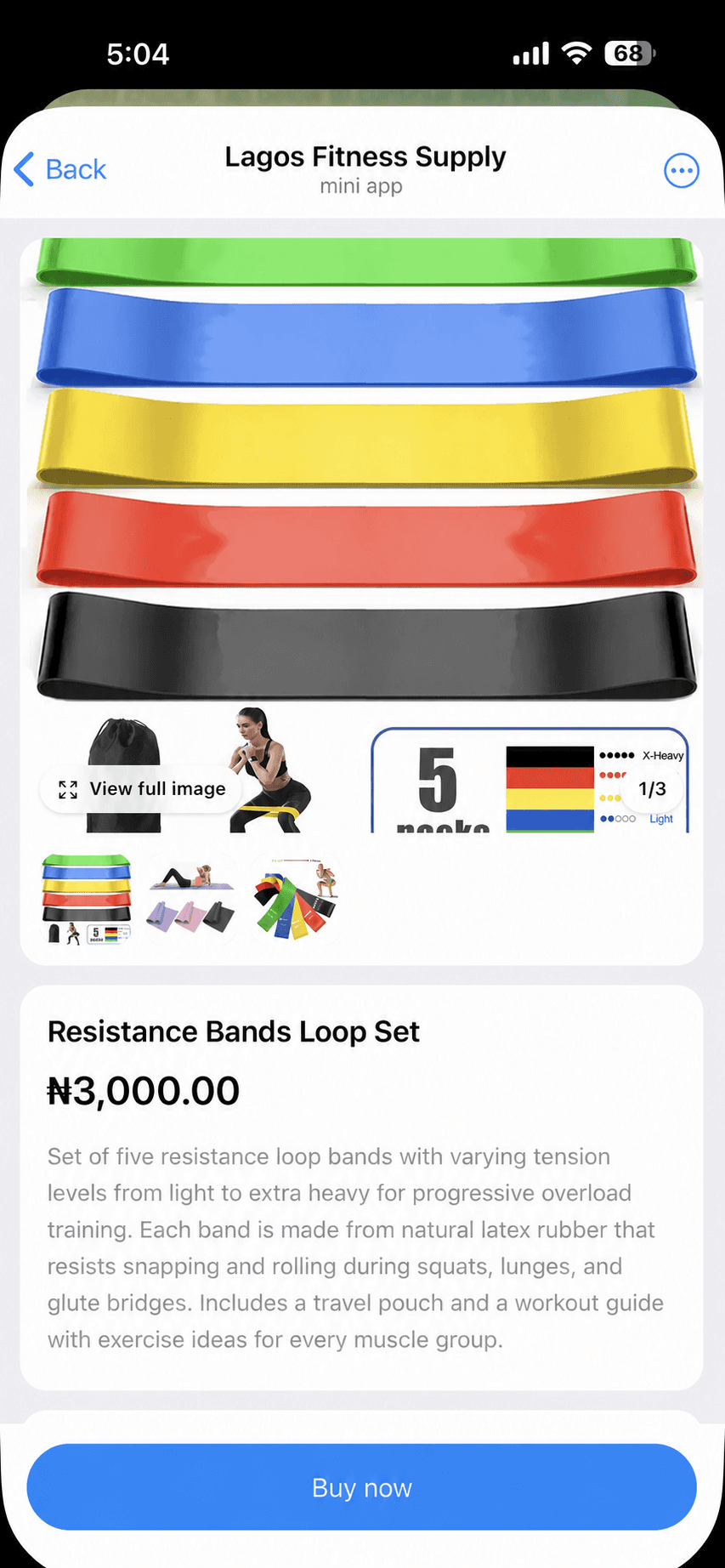 The eSales product page inside Telegram with a Buy now button