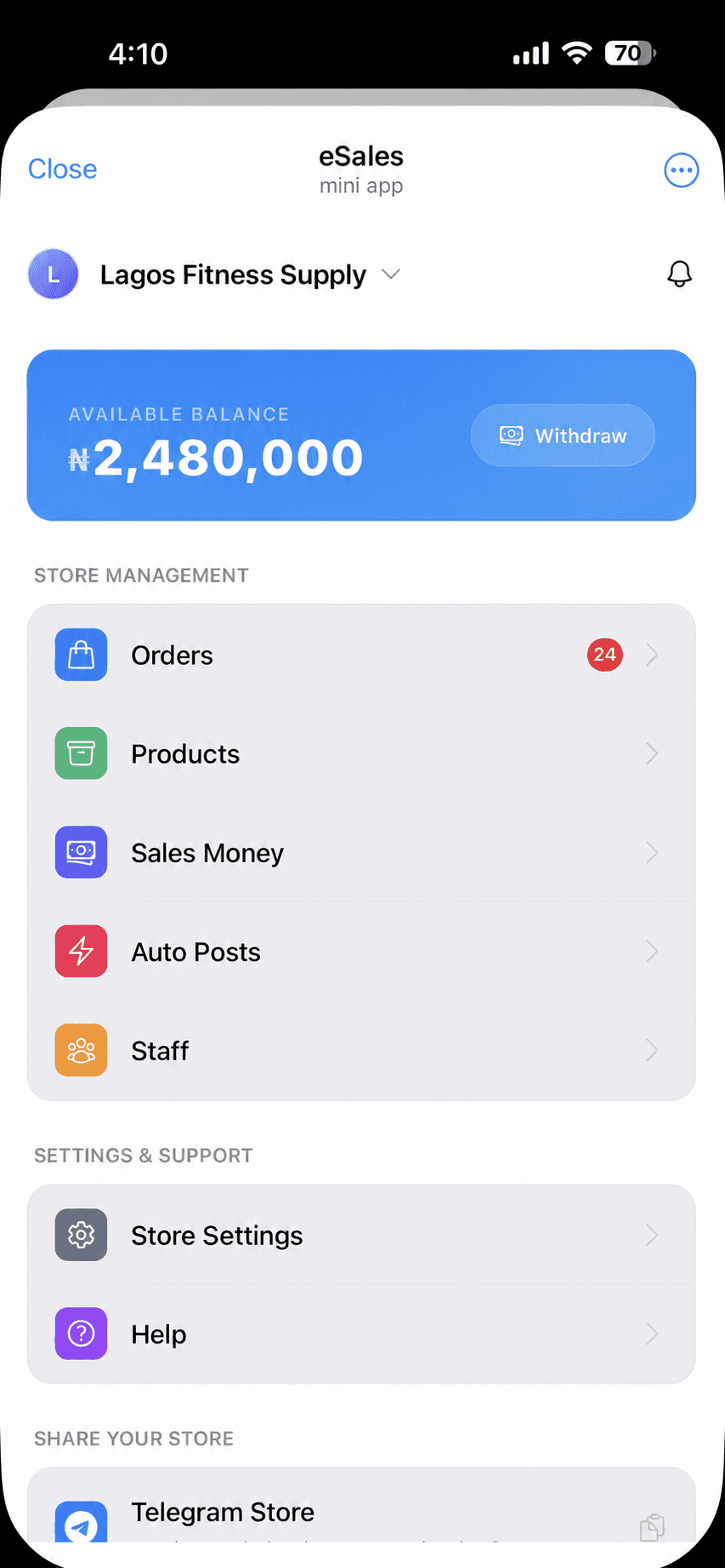 The eSales merchant dashboard with Auto Posts and Staff in one place